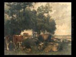 Kuhe Und Bauern Bei Der Rast la Sieste by Gustave Courbet