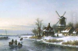 Windmill by a Frozen River by Laurens Johannes Kleijn