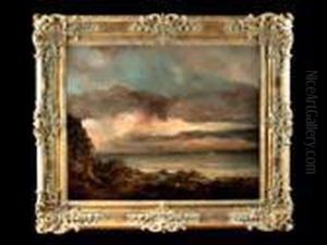 Steinige Kuste Mit Blick Auf Meer Mit Segelschiff by Gustave Courbet