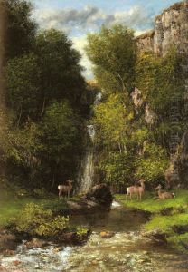 A Family Of Deer In A Landscape With A Waterfall by Gustave Courbet