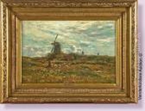 Bergere Et Ses Moutons Dans Un Paysage Aux Moulins A Vent - view 1