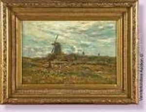 Bergere Et Ses Moutons Dans Un Paysage Aux Moulins A Vent by Frans Courtens