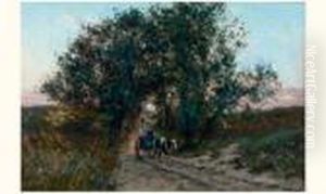 Attelage Dans Un Paysage Au Soleil Couchant by Frans Courtens