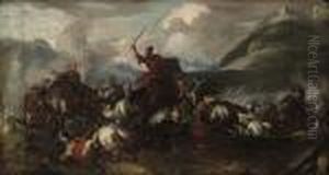 A Battle Scene With Cavalry And Cannon, A Hilltop Fortressbeyond by Jacques Courtois