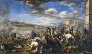 Battle Scene With Infantry, Cavalry And Cannon, A Fortress And A City Beyond