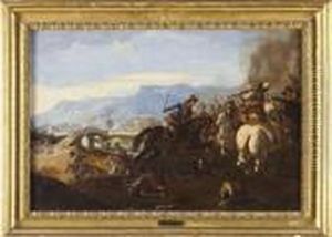 Battaglia Di Cavalieri Con Ponte E Citta Sullo Sfondo by Jacques Courtois
