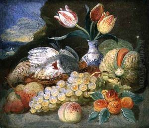 Still Life with Fruit and Parrot Tulips in a Vase