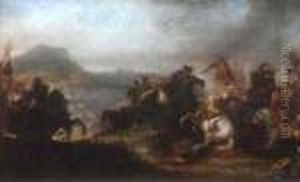 Called Burgognone A Cavalry Skirmish On A Hill Before An Extensive Landscape by Jacques Courtois