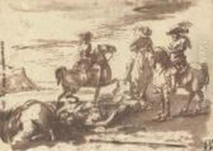 Trois Cavaliers Pres D'un Cheval Et Un Homme A Terre by Jacques Courtois