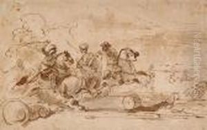 Sketch For A Battle Scene With Three Horsemen With Sabres Drawn by Jacques Courtois