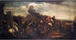 A Battle Scene With Cavaliers And Infantry Fighting Before A Fortified Town