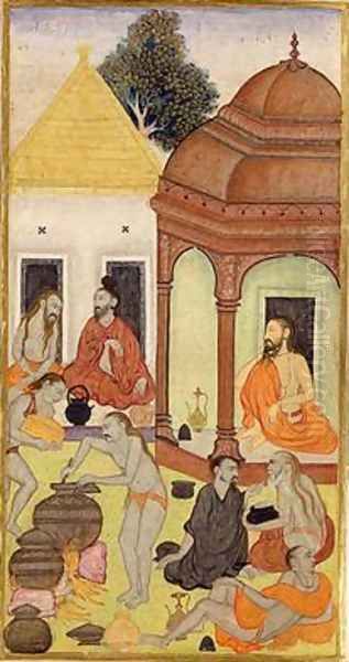Yogis Sit by Shrines Awaiting Food that is Being Prepared in large Cooking Pots over a Fire Raj Kunwar - view 1
