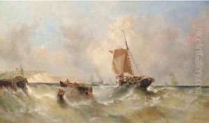 Hauling in the catch in a heavy swell off Dover, with busy Channel traffic beyond by William Calcott Knell