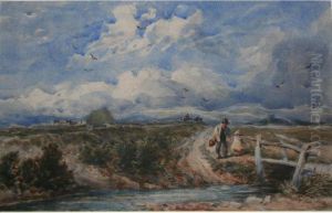 Two Figures Near A Country Bridge, Haymaking Beyond by David I Cox