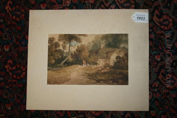 Figures In A Rural Lane Beside A Cottage - view 1