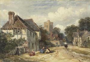 A Village Street With Figures And A Horseman, A Church Beyond by David I Cox