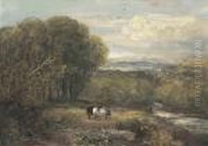 A Man With Horses And An Angler In Bolton Park, Yorkshire by David I Cox