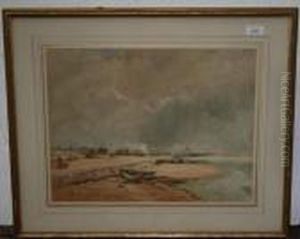 Coastal Bay With Fisherman And Windmill Beyond by David I Cox