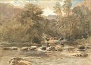 Wooded Scene Cattle Watering by David I Cox