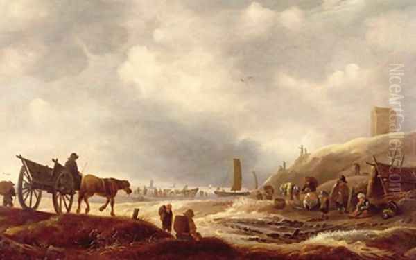 Fishermen displaying their catch in the dunes a beach beyond - view 1