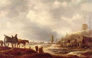Fishermen displaying their catch in the dunes a beach beyond by Willem Kool or Koolen