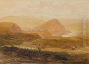 A Shepherd With His Flock Looking Out Across The Sea