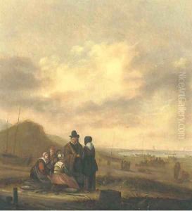 Fisherfolk on the beach with sailing vessels beyond by Willem Kool or Koolen