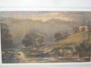 River Scene With Fishermen, Country House On The Hill Beyond by David I Cox
