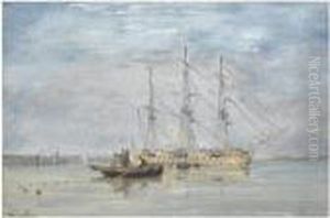 Fisherman Near A Three-mastership In An Estuary, Chichesterbeyond
