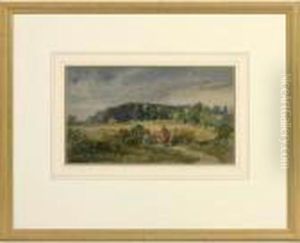 Landscape With
Stywatercolourdepicting A Country Woman Carrying A Basket In A
Tranquillandscape by David I Cox