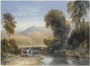 Women By A Stream With Cattle And Hills In The Distance, Herefordshire