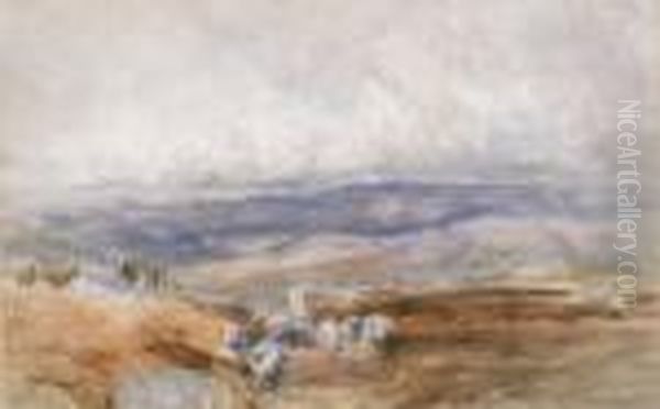 A Shepherd With His Flock In An Extensive Moorland Landscape - view 1