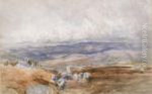 A Shepherd With His Flock In An Extensive Moorland Landscape by David I Cox