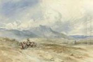 Cattle And A Drover In A Mountainous Landscape, North Wales by David I Cox