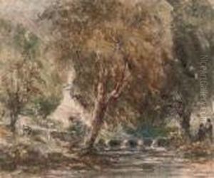 Figures On The Banks Of A River In A Wooded Landscape by David I Cox