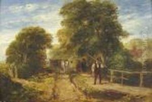 Snr R.w.s. "landscape With
Wagon", A Country Scene With Harvesters Crossing A Wooden Bridge Signed
And Dated "1851", Also Inscribed On A Plaque Attached To The Frame, With
Further Inscriptions On Old Labels Verso by David I Cox