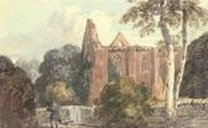 A Figure With A Dog Beside A Ruined Abbey by David I Cox