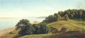 A river landscape with a boat moored at shore by Mikhail Konstantinovich Klodt