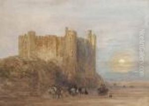 Laugharne Castle, Carmarthen Bay, At Low Tide, A Full Moon Rising