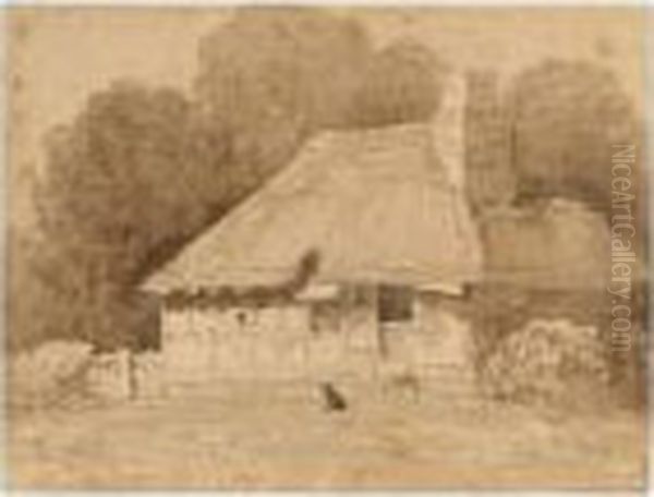 A Woman With Chickens Outside 
Stone Cottages, Near Dolbenmaen, Wales; A Dog By A Thatched Cottage - view 1