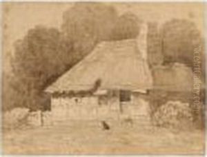 A Woman With Chickens Outside
Stone Cottages, Near Dolbenmaen, Wales; A Dog By A Thatched Cottage by David I Cox