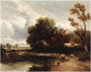 A Shepherd And His Flock By A Cottage by David I Cox