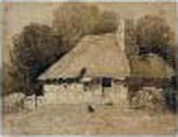 A Woman With Chickens Outside 
Stone Cottages; A Dog By A Thatched Cottage Near Dolbenmaen, Wales - view 1