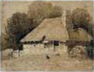 A Woman With Chickens Outside
Stone Cottages; A Dog By A Thatched Cottage Near Dolbenmaen, Wales by David I Cox
