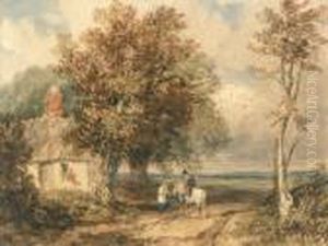 Figures On A Track By A Cottage, Wales by David I Cox