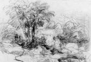 A Craggy Shore; Lampeter Church; And A Cottage By A Stream, Wales(?) (illustrated) by David I Cox