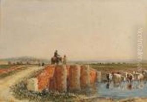 Figures Crossing A Bridge, Cattle Watering Below Figures Crossing A Bridge, Cattle Watering Below