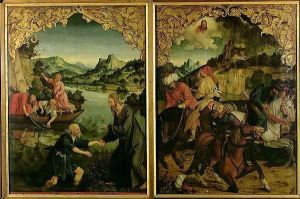 Stories of SS Peter and Paul altarpiece detail showing L to R Vocation of St Peter Conversion of St Paul by Hans von Klumbach