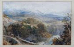 A View Across A Stone Bridge With Cloud Covered Mountains On The Horizon by David Cox