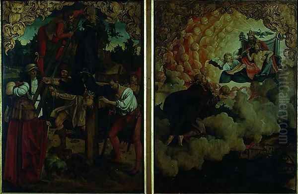 Stories of SS Peter and Paul altarpiece detail showing LtoR Crucifixion of St Peter St Paul Ascending into Heaven - view 1